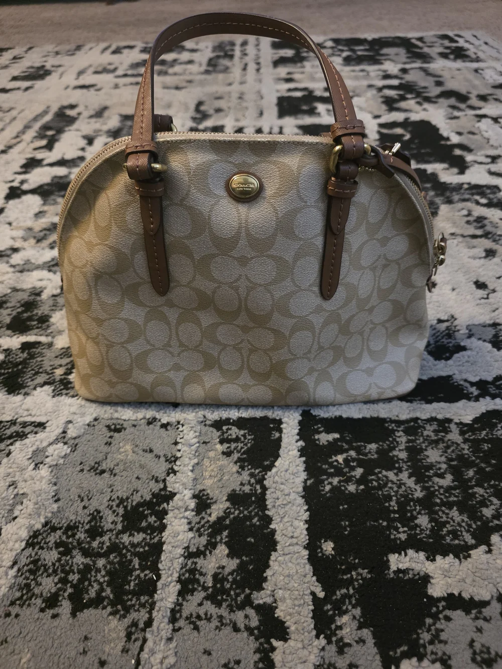 Coach Signature Dome Satchel in Beige with Brown Leather Trim